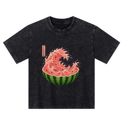 Tokyo-Tiger Watermelon Wave Summer Ukiyo Art Kids Washed T-Shirt