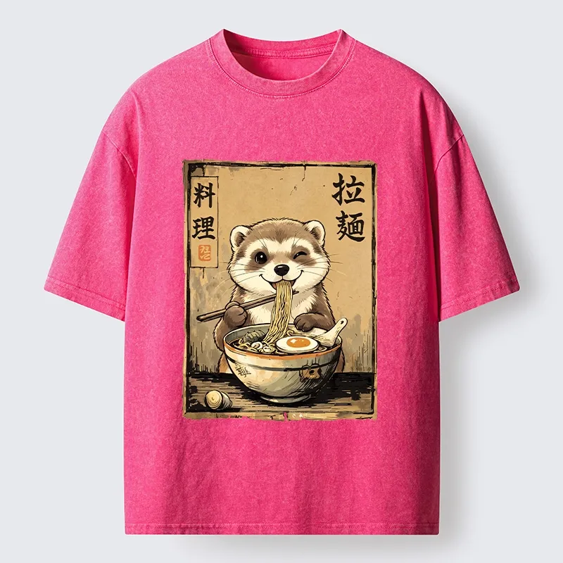 Tokyo-Tiger Ferret Eating Hot Ramen Washed T-Shirt