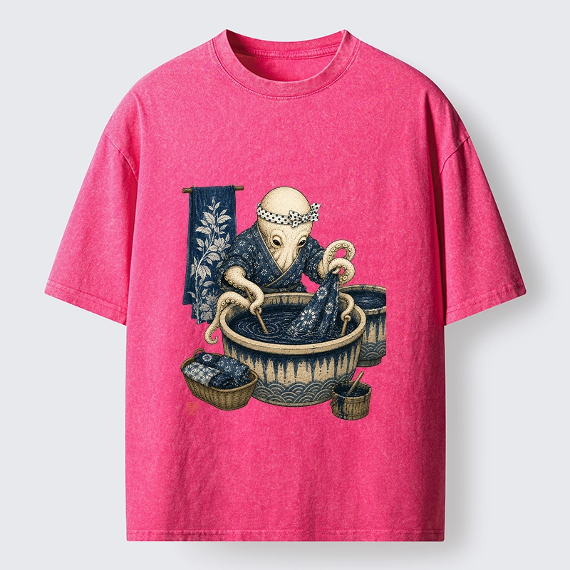 Tokyo-Tiger Kimono Dye Octopus Art Washed T-Shirt