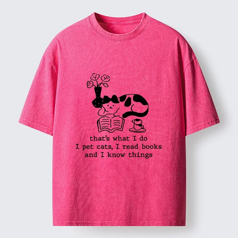 Tokyo-Tiger Book Loving Coffee Cat Washed T-Shirt