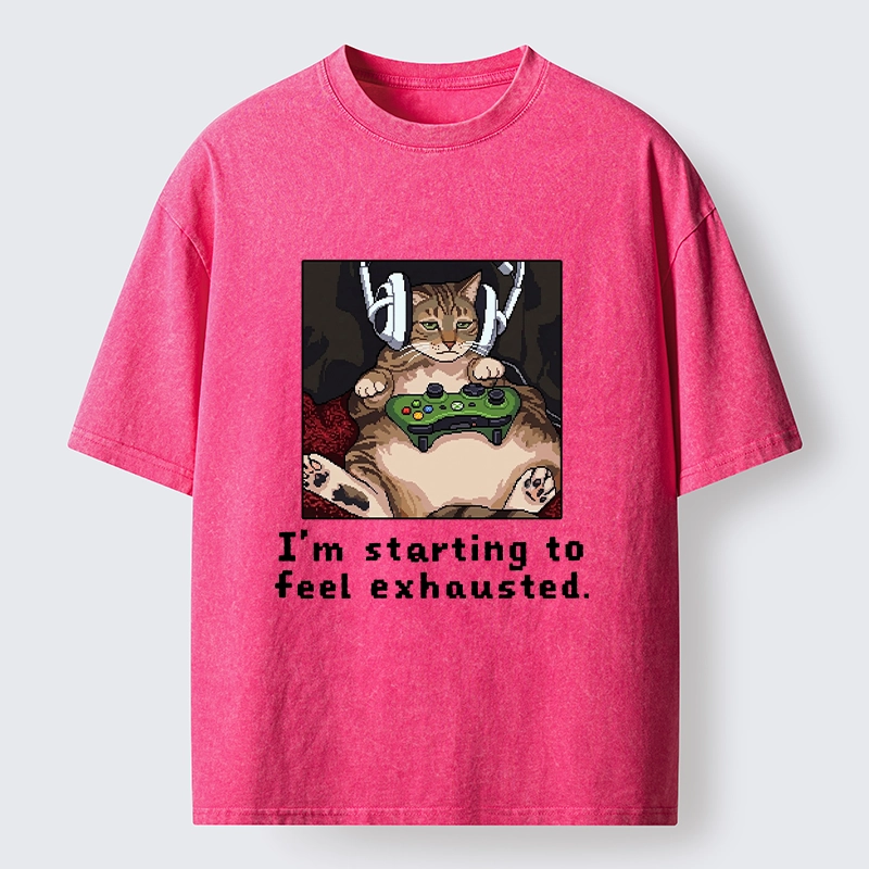 Tokyo-Tiger Exhausted Gamer Cat Washed T-Shirt