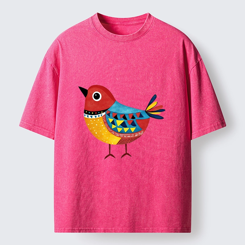 Tokyo-Tiger Folk Art Color Bird Washed T-Shirt