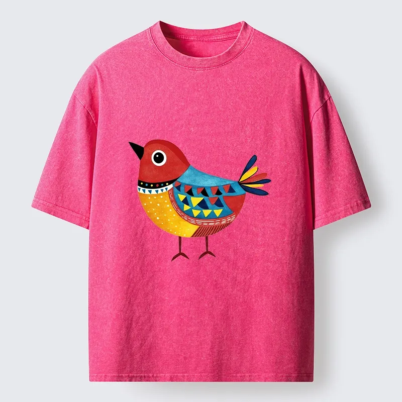 Tokyo-Tiger Folk Art Color Bird Washed T-Shirt