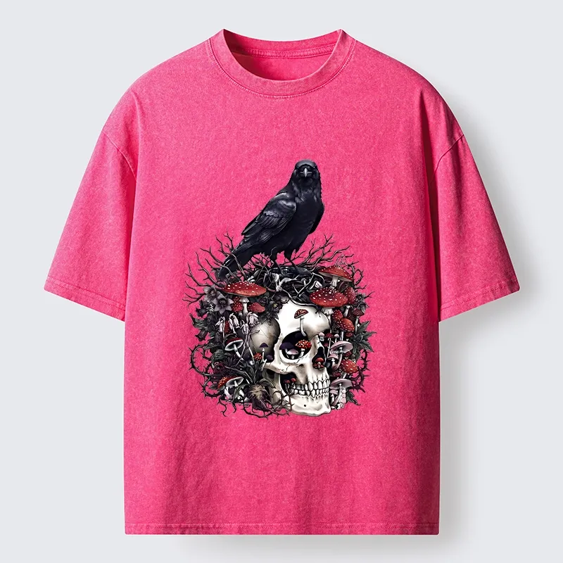 Tokyo-Tiger Crow Skull Mushroom Art Washed T-Shirt