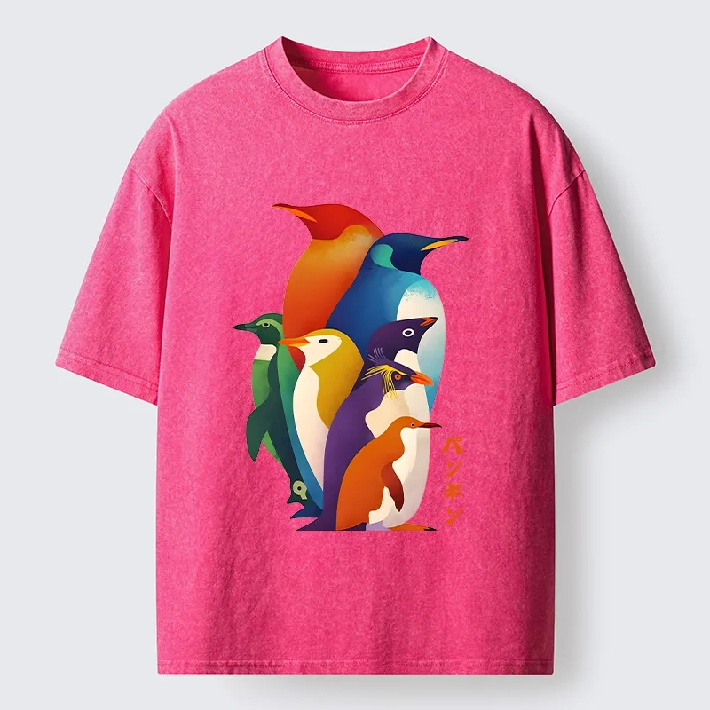 Tokyo-Tiger Cute Multi Tone Penguins Washed T-Shirt