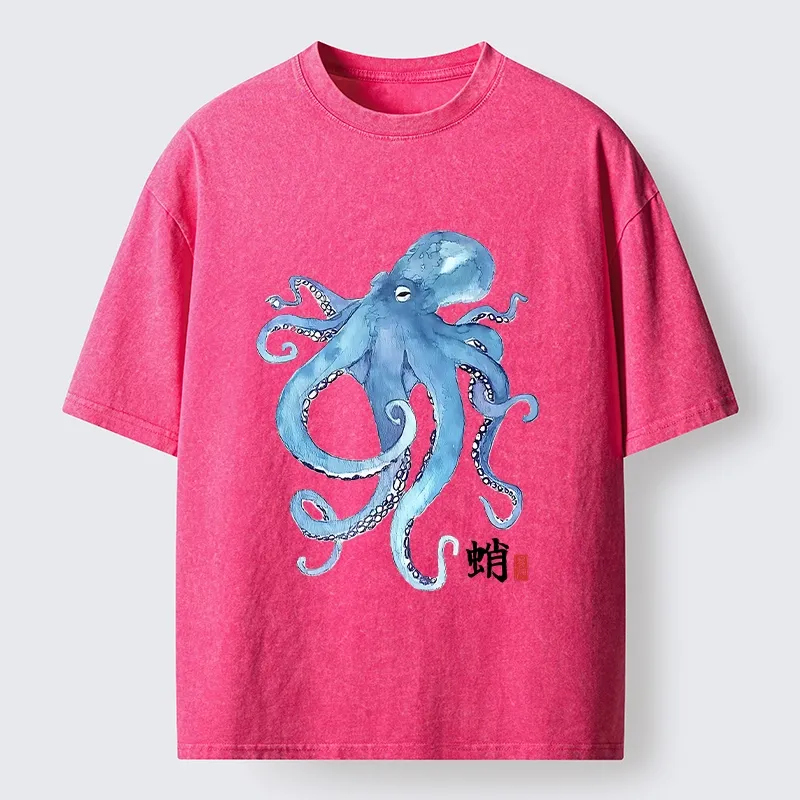 Tokyo-Tiger Watercolor Blue Octopus Washed T-Shirt