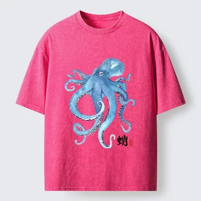 Tokyo-Tiger Watercolor Blue Octopus Washed T-Shirt