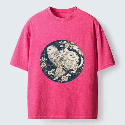 Tokyo-Tiger Snow Owl Plum Blossom Art Washed T-Shirt