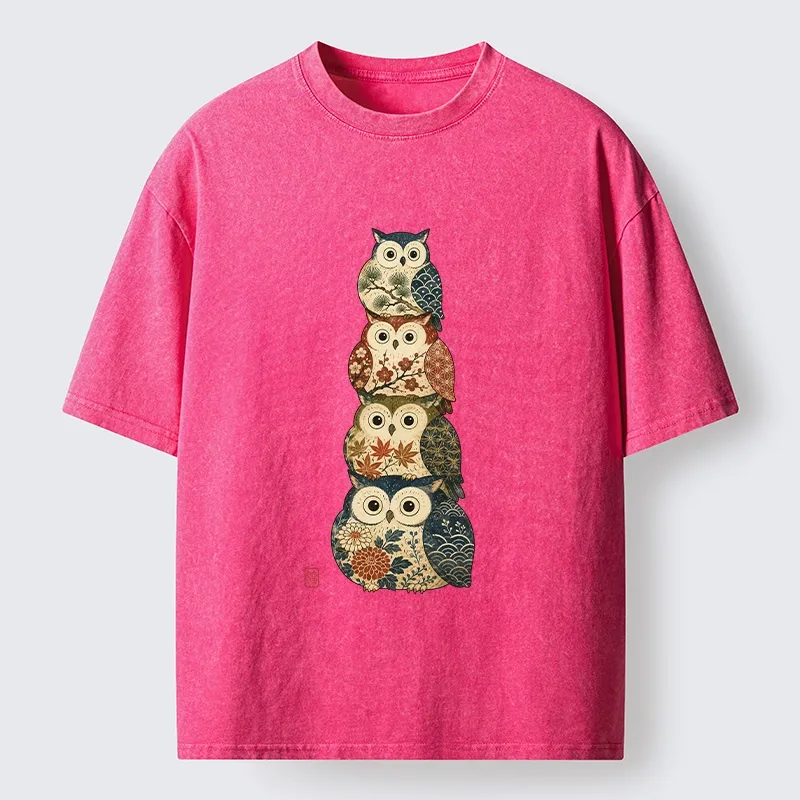 Tokyo-Tiger Stacked Floral Owls Washed T-Shirt