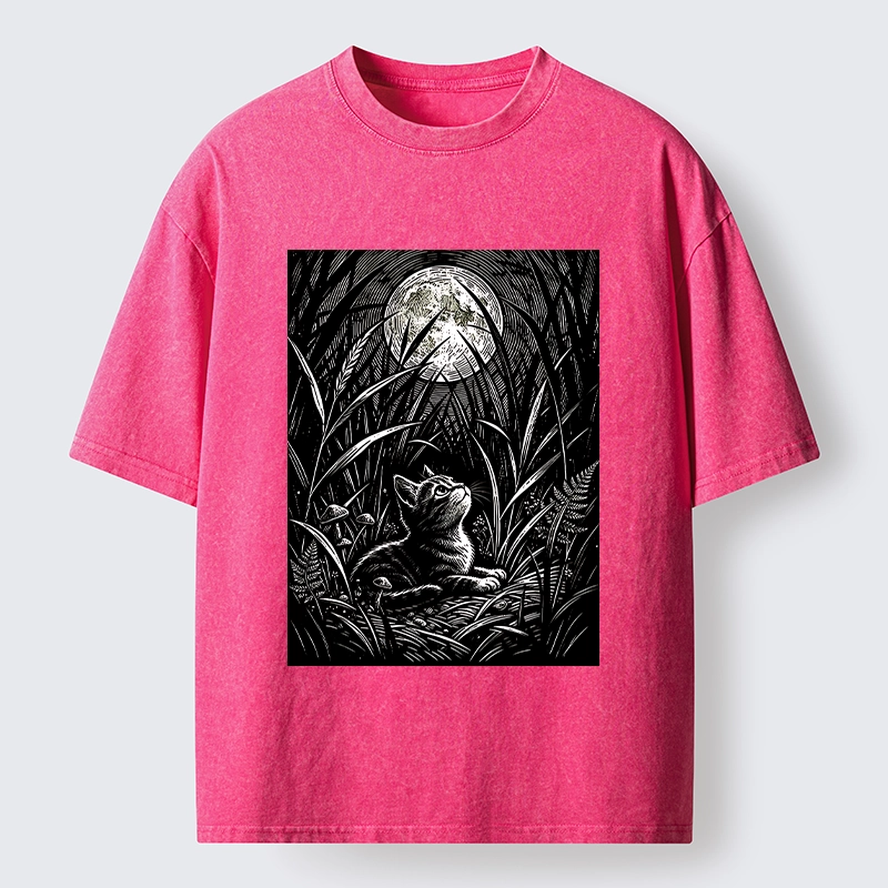 Tokyo-Tiger Woodcut Night Cat Print Washed T-Shirt
