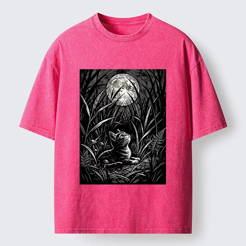 Tokyo-Tiger Woodcut Night Cat Print Washed T-Shirt