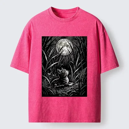 Tokyo-Tiger Woodcut Night Cat Print Washed T-Shirt