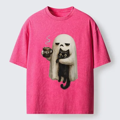 Tokyo-Tiger Ghost Cat Coffee Mood Washed T-Shirt
