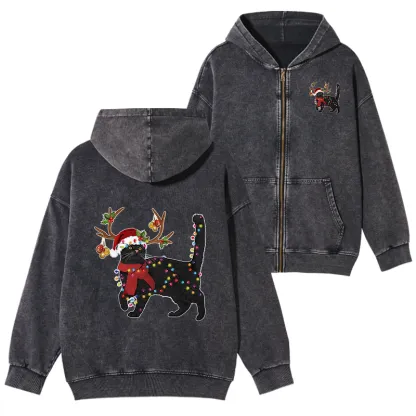 Tokyo-Tiger Christmas Black Cat Washed Zip Hoodie