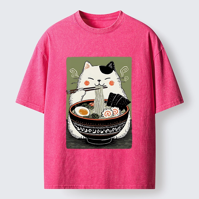 Tokyo-Tiger Cat Eating Ramen Meme Washed T-Shirt