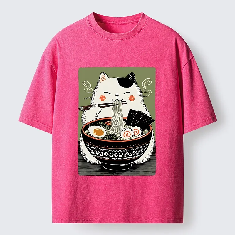 Tokyo-Tiger Cat Eating Ramen Meme Washed T-Shirt