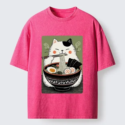 Tokyo-Tiger Cat Eating Ramen Meme Washed T-Shirt