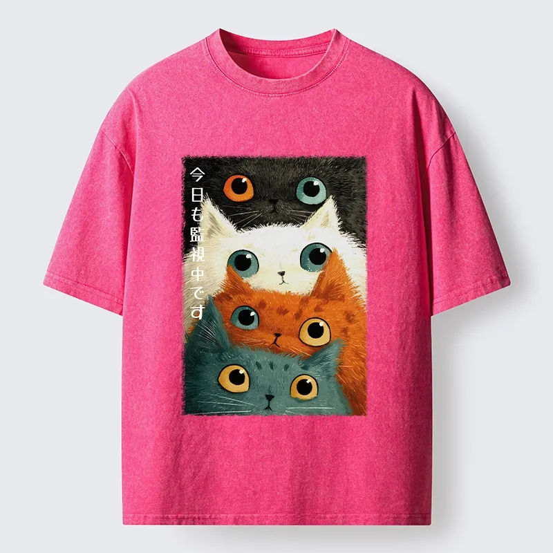 Tokyo-Tiger Watching Stacked Cats Washed T-Shirt