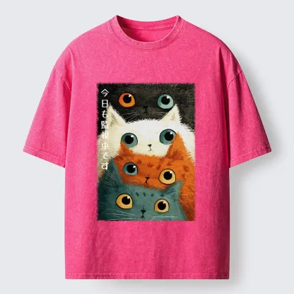 Tokyo-Tiger Watching Stacked Cats Washed T-Shirt