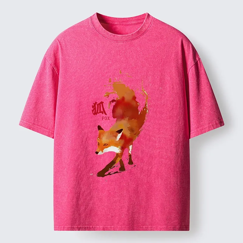 Tokyo-Tiger Watercolor Red Fox Art Washed T-Shirt