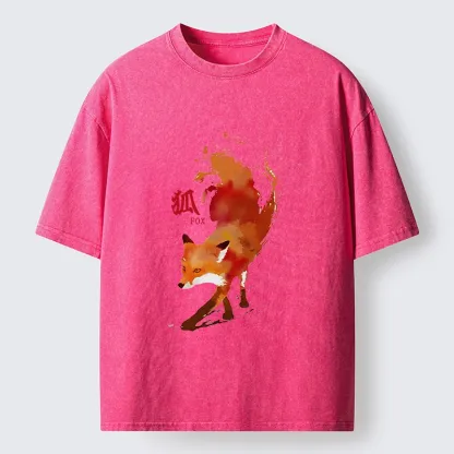 Tokyo-Tiger Watercolor Red Fox Art Washed T-Shirt
