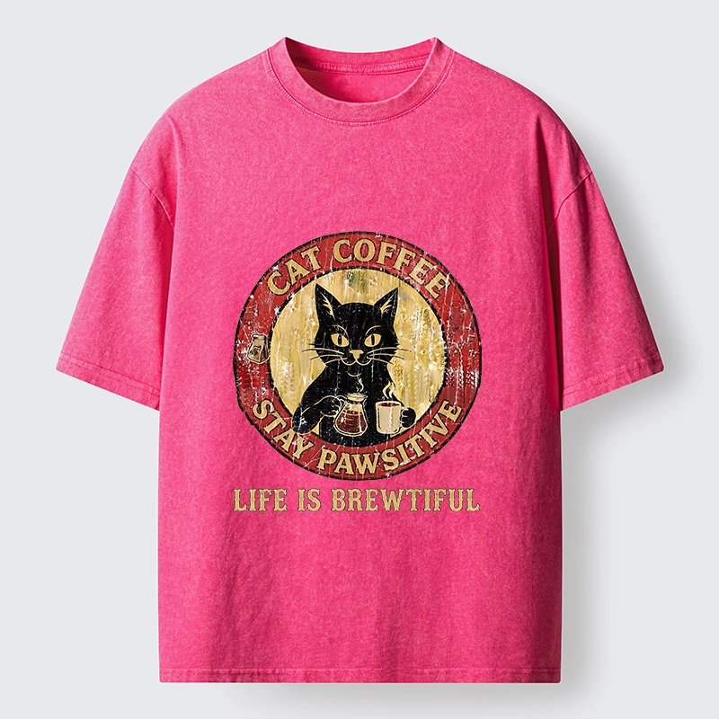Tokyo-Tiger Cat Coffee Positive Vibes Washed T-Shirt