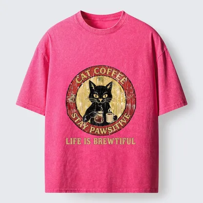 Tokyo-Tiger Cat Coffee Positive Vibes Washed T-Shirt