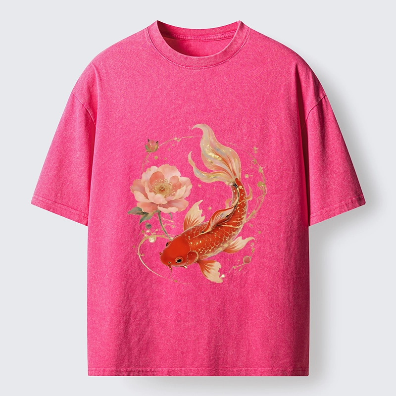 Tokyo-Tiger Lucky Koi Peony Art Washed T-Shirt