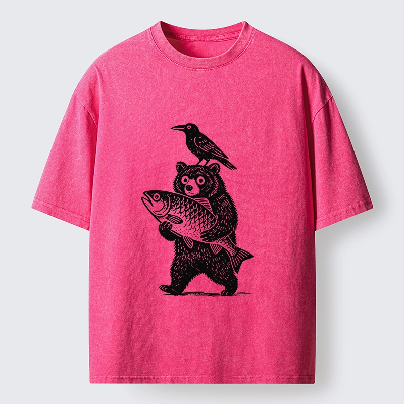 Tokyo-Tiger Bear Fish Crow Print Washed T-Shirt