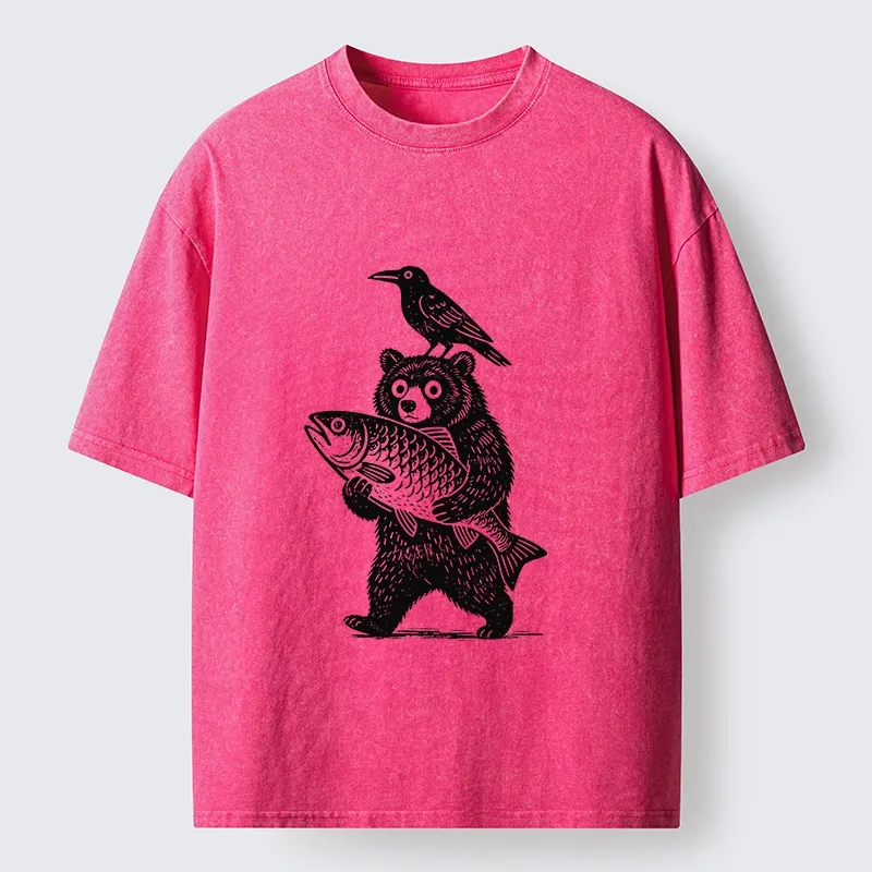 Tokyo-Tiger Bear Fish Crow Print Washed T-Shirt