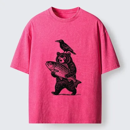 Tokyo-Tiger Bear Fish Crow Print Washed T-Shirt