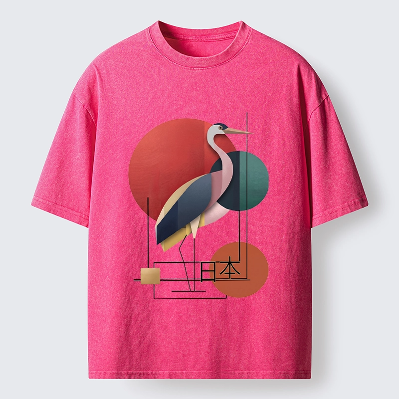 Tokyo-Tiger Geometric Crane Art Washed T-Shirt