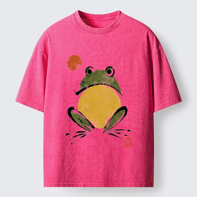 Tokyo-Tiger Ink Style Frog Art Washed T-Shirt