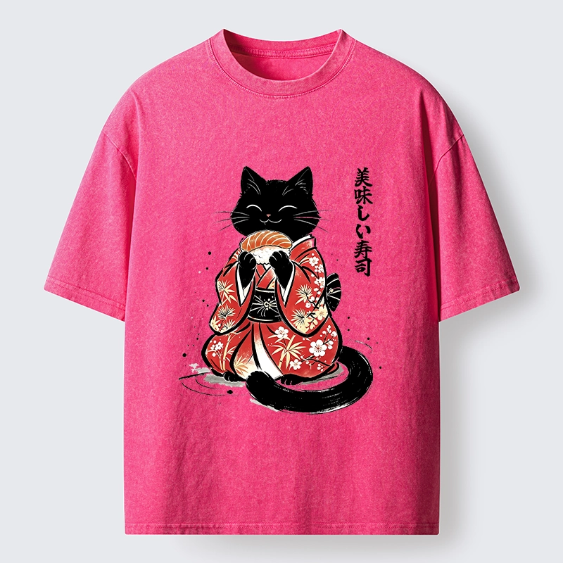 Tokyo-Tiger Sushi Loving Black Cat Washed T-Shirt