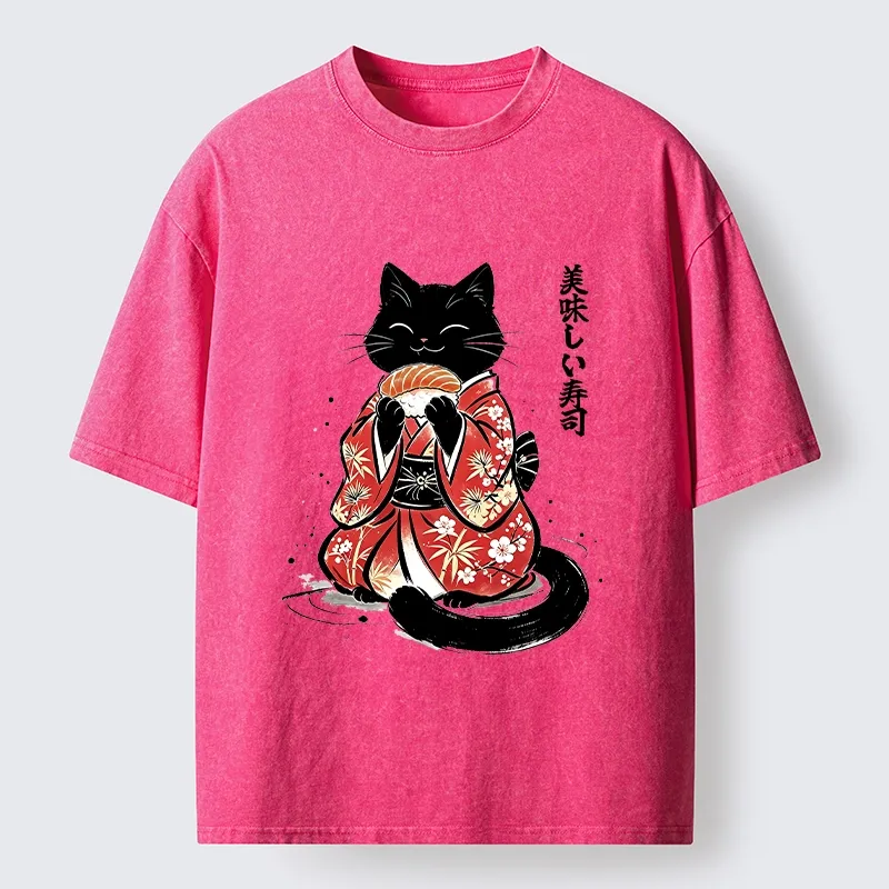 Tokyo-Tiger Sushi Loving Black Cat Washed T-Shirt