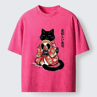 Tokyo-Tiger Sushi Loving Black Cat Washed T-Shirt