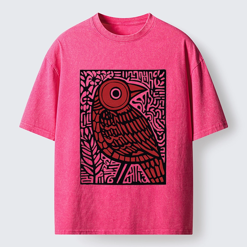 Tokyo-Tiger Retro Woodblock Bird Washed T-Shirt
