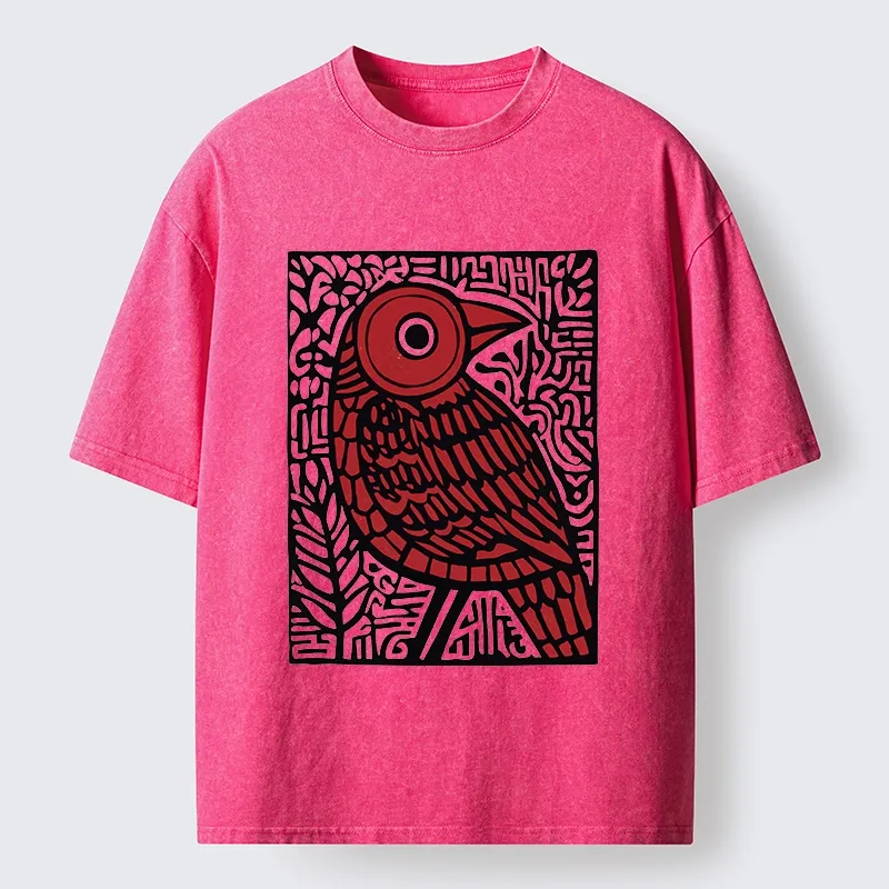 Tokyo-Tiger Retro Woodblock Bird Washed T-Shirt