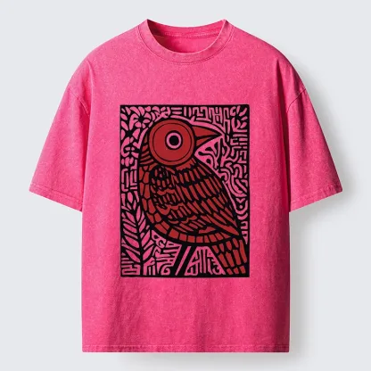 Tokyo-Tiger Retro Woodblock Bird Washed T-Shirt