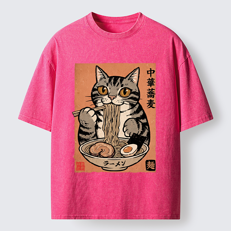 Tokyo‑Tiger Tanuki Eating Ramen Washed T-Shirt
