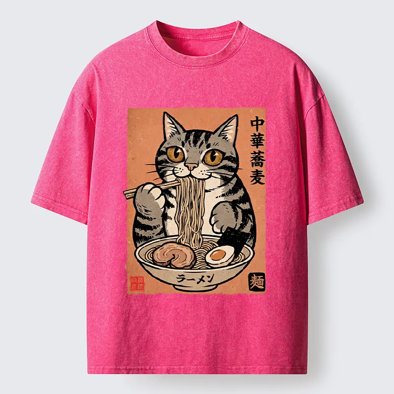 Tokyo‑Tiger Tanuki Eating Ramen Washed T-Shirt