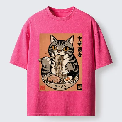 Tokyo‑Tiger Tanuki Eating Ramen Washed T-Shirt