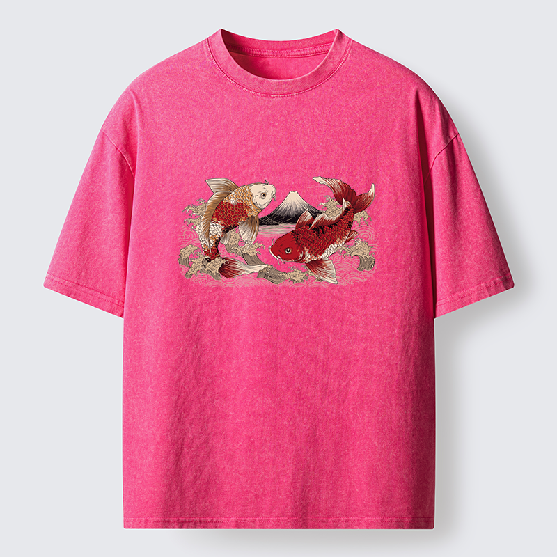 Tokyo‑Tiger Koi And Mount Fuji Washed T-Shirt
