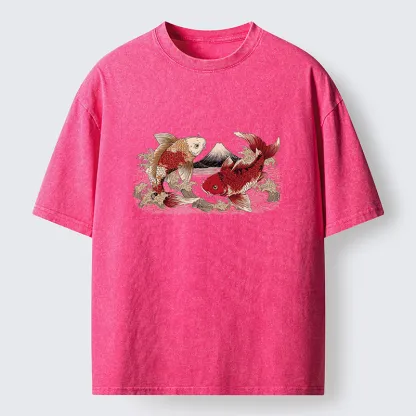 Tokyo‑Tiger Koi And Mount Fuji Washed T-Shirt