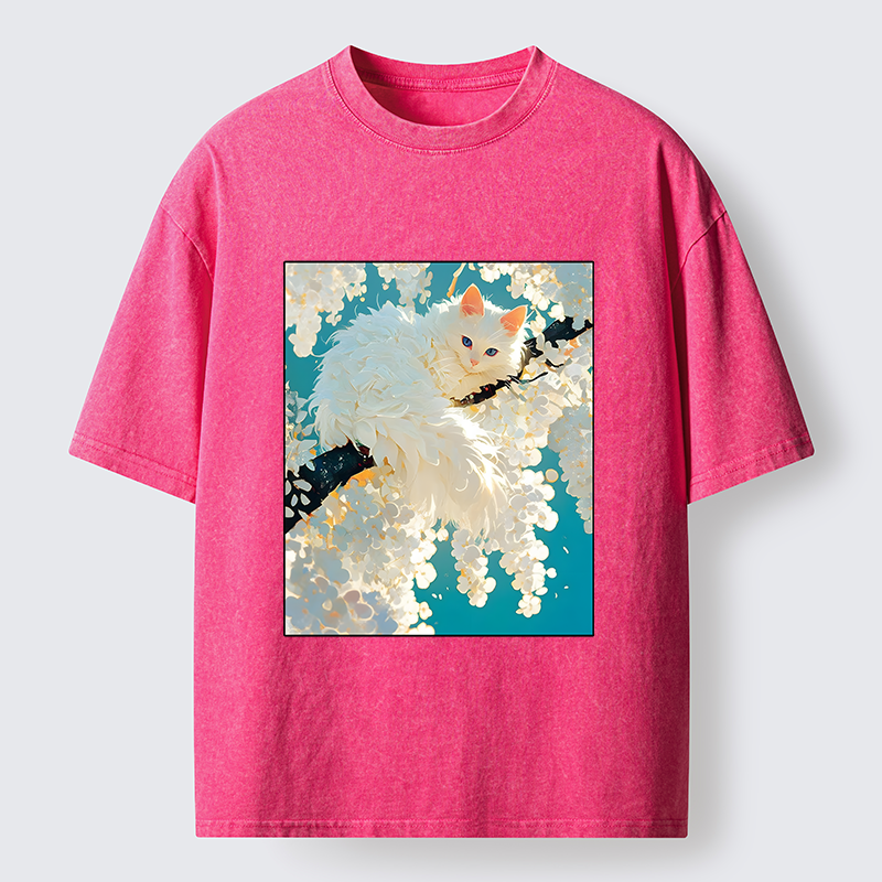 Tokyo‑Tiger Beautiful White Cat Art Washed T-Shirt