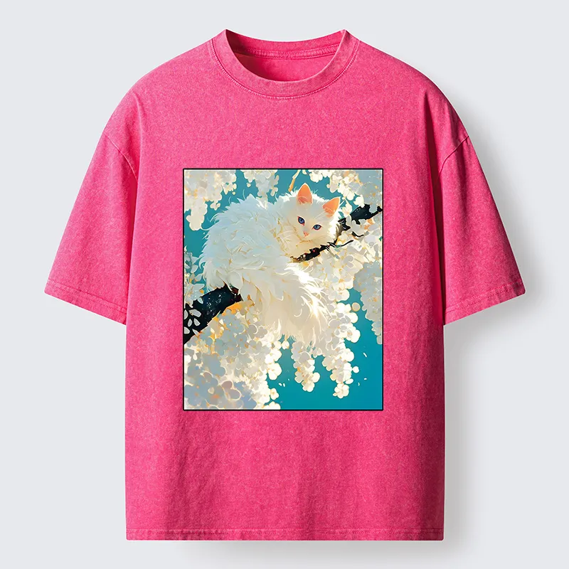 Tokyo‑Tiger Beautiful White Cat Art Washed T-Shirt
