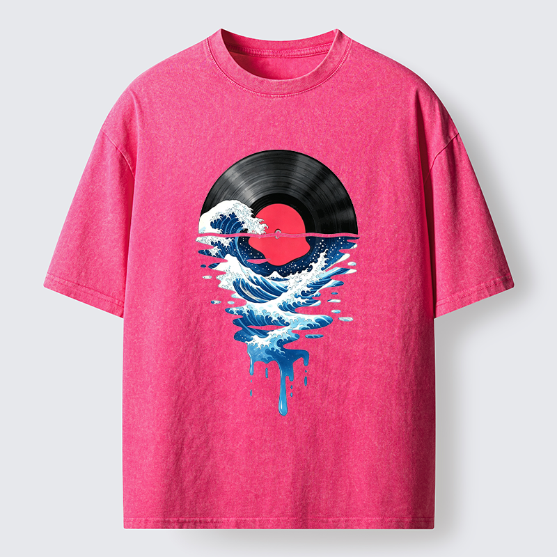Tokyo‑Tiger Vinyl Records And Waves Washed T-Shirt