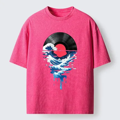 Tokyo‑Tiger Vinyl Records And Waves Washed T-Shirt