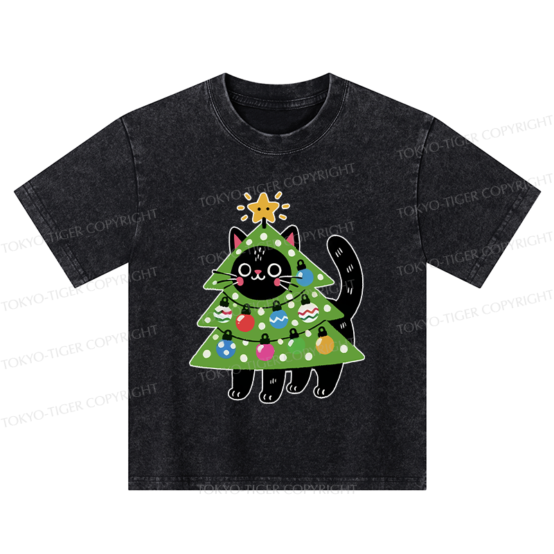 Tokyo-Tiger Christmas Tree Cat Kids Washed T-Shirt