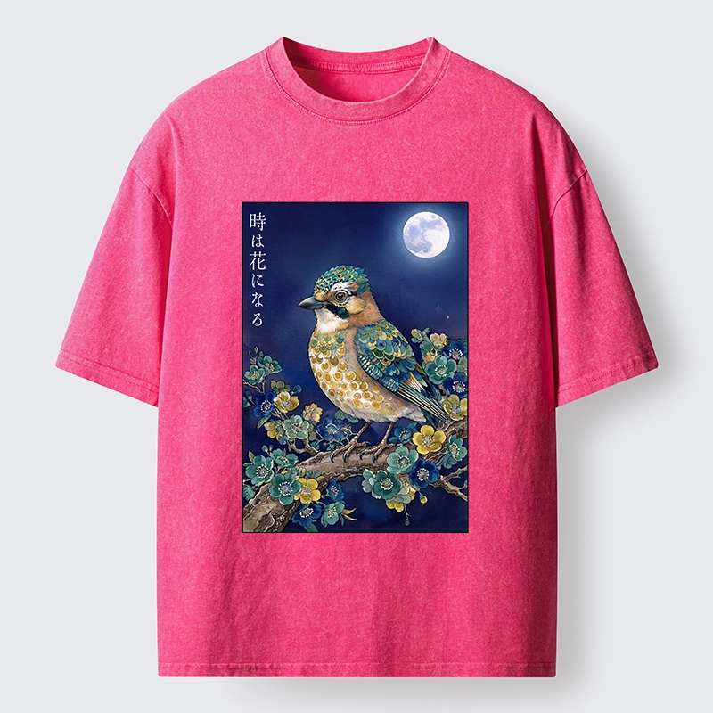 Tokyo-Tiger Moon Bird Floral Retro Art Washed T-Shirt
